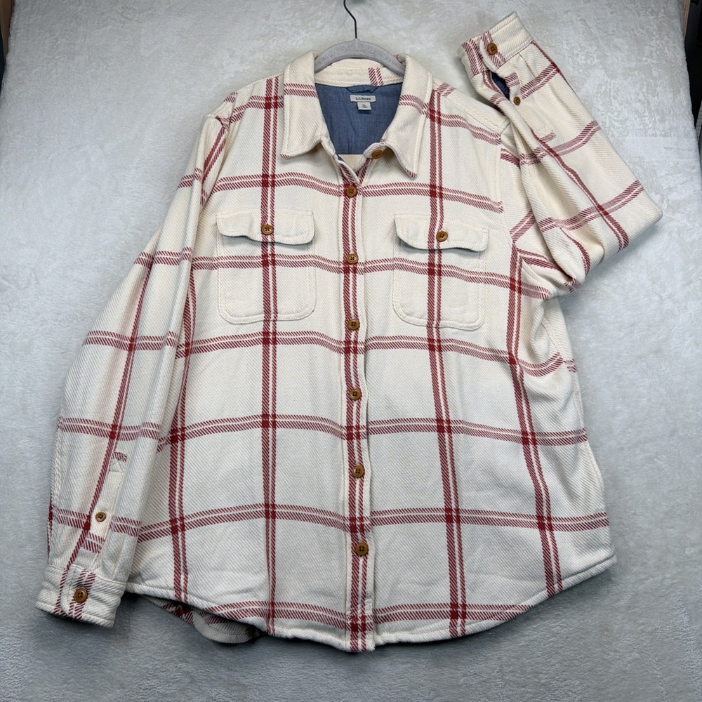 LL Bean 1912 Overshirt Women XL Plaid Shacket Shirt Jacket Red Cream Cotton